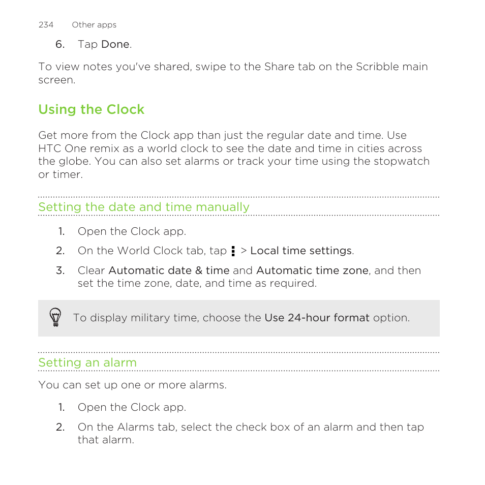 Using the clock, Setting the date and time manually, Setting an alarm | HTC One Remix User Manual | Page 234 / 285