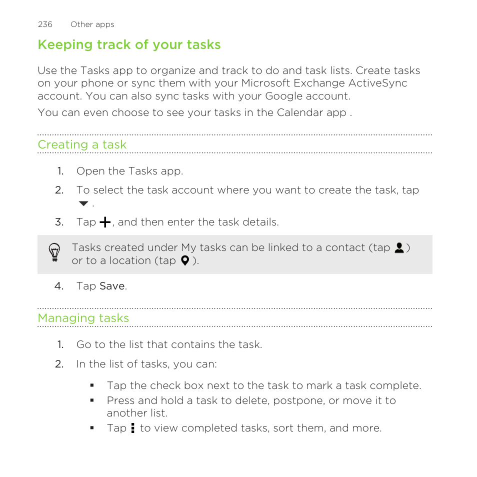Keeping track of your tasks, Creating a task, Managing tasks | HTC One Remix User Manual | Page 236 / 285