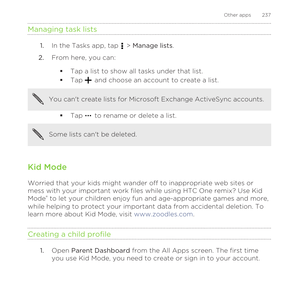 Managing task lists, Kid mode, Creating a child profile | HTC One Remix User Manual | Page 237 / 285