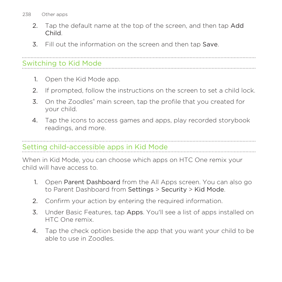 Switching to kid mode, Setting child-accessible apps in kid mode | HTC One Remix User Manual | Page 238 / 285