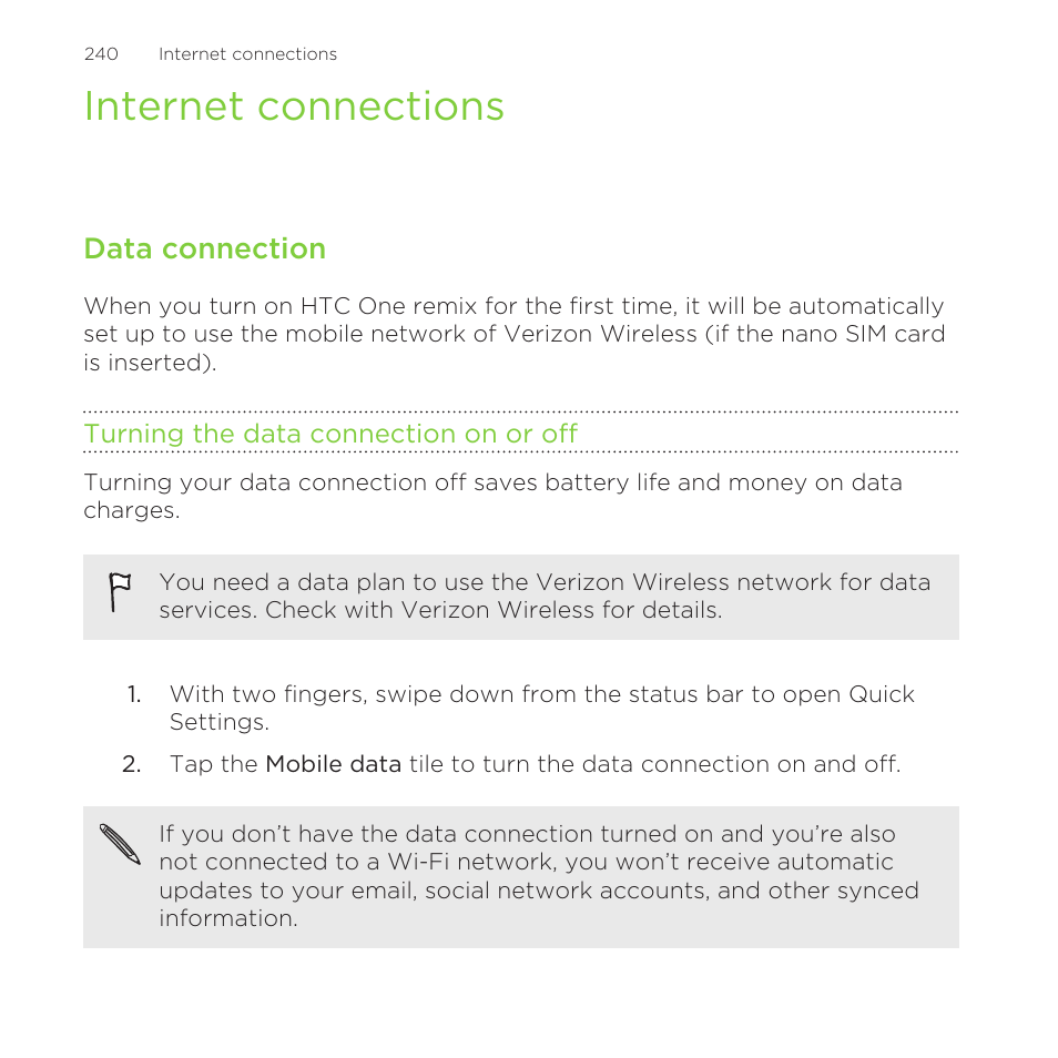 Internet connections, Data connection, Turning the data connection on or off | HTC One Remix User Manual | Page 240 / 285