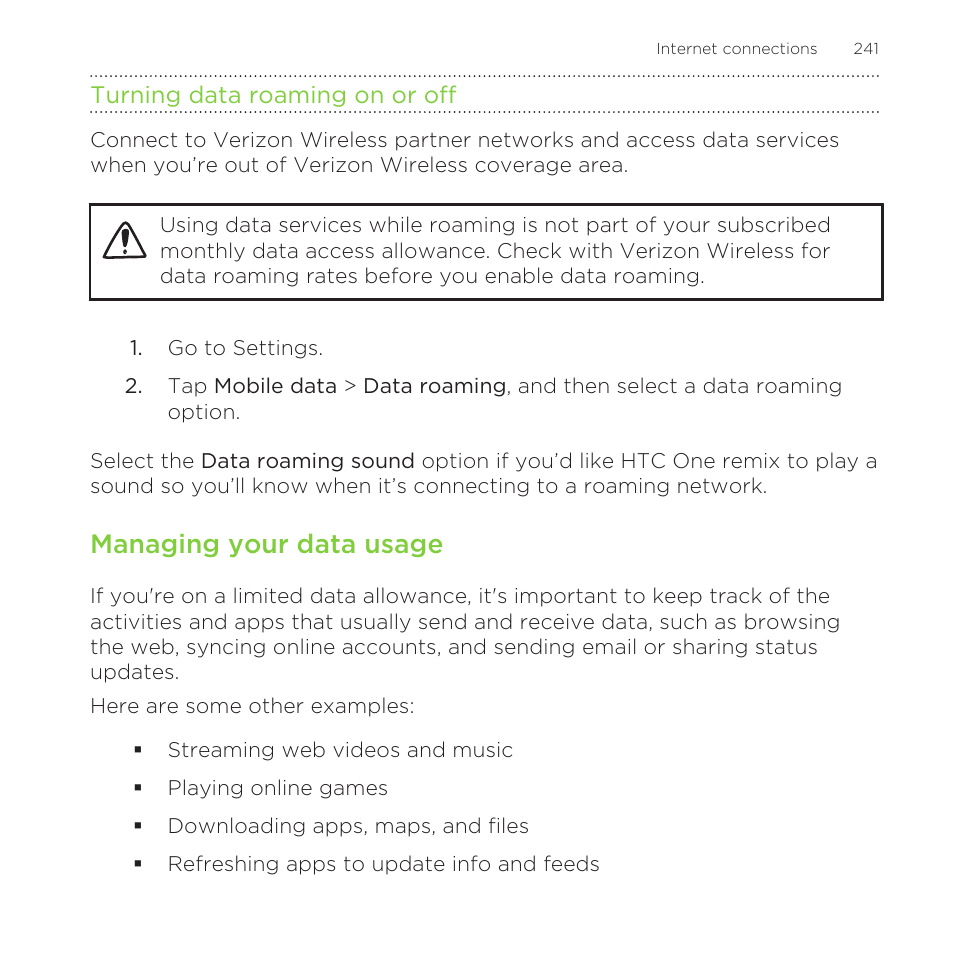 Turning data roaming on or off, Managing your data usage | HTC One Remix User Manual | Page 241 / 285
