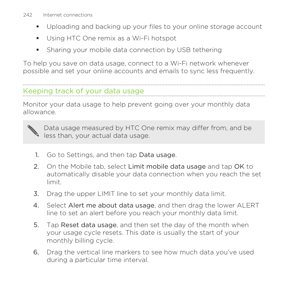 Keeping track of your data usage | HTC One Remix User Manual | Page 242 / 285