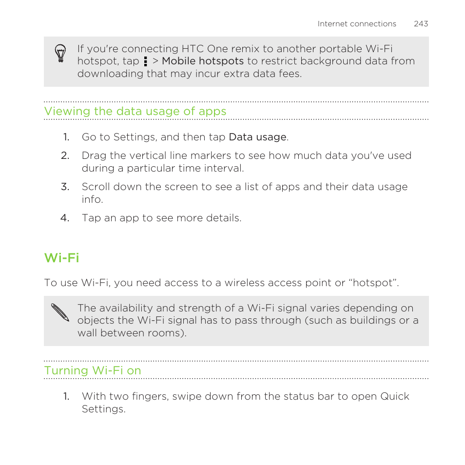 Viewing the data usage of apps, Wi‍-fi, Turning wi‍-fi on | Wi-fi | HTC One Remix User Manual | Page 243 / 285
