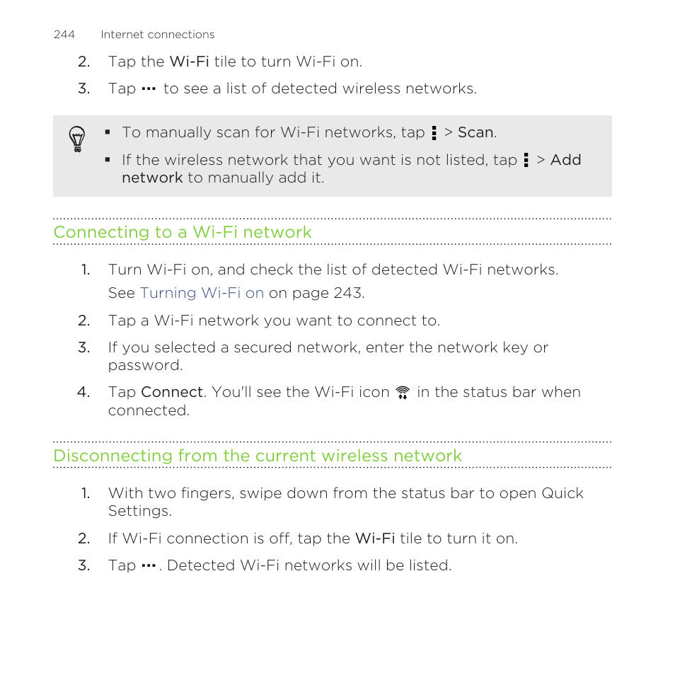 Connecting to a wi‍-fi network, Disconnecting from the current wireless network | HTC One Remix User Manual | Page 244 / 285