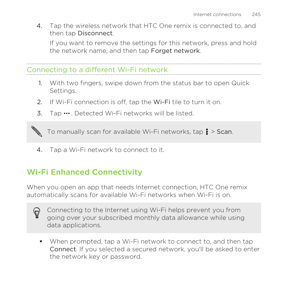 Connecting to a different wi‍-fi network, Wi‍-fi enhanced connectivity, Wi-fi enhanced connectivity | HTC One Remix User Manual | Page 245 / 285