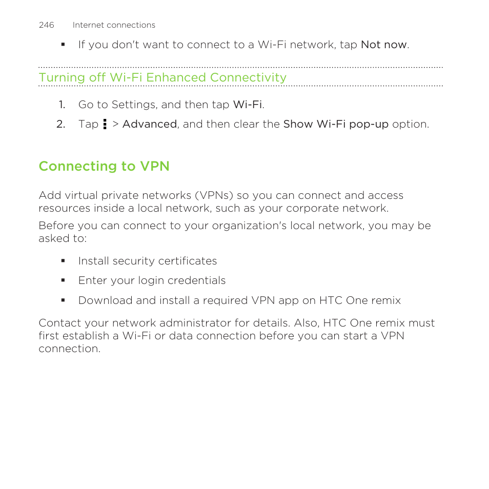 Turning off wi‍-fi enhanced connectivity, Connecting to vpn | HTC One Remix User Manual | Page 246 / 285