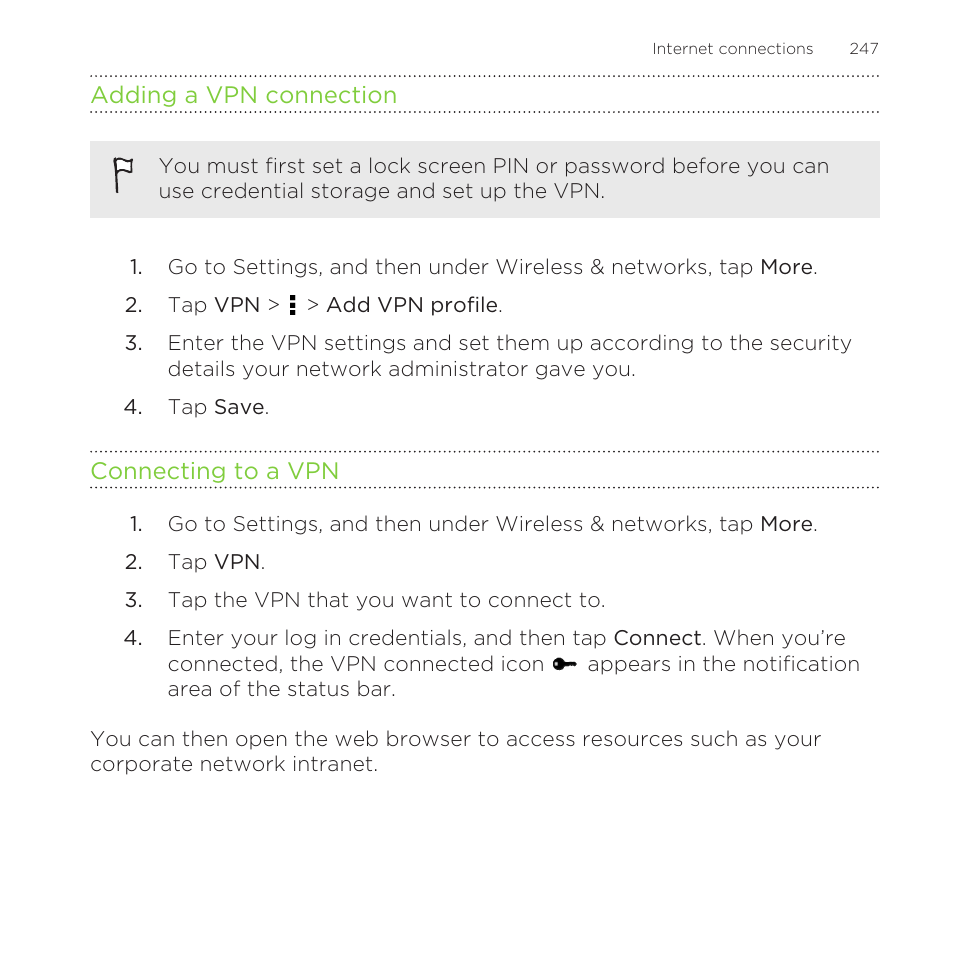 Adding a vpn connection, Connecting to a vpn | HTC One Remix User Manual | Page 247 / 285