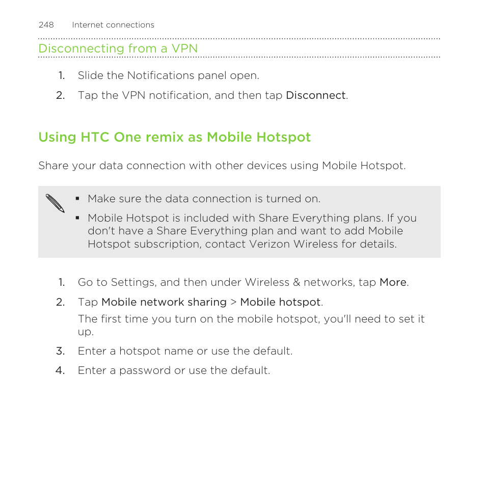 Disconnecting from a vpn, Using htc one remix as mobile hotspot | HTC One Remix User Manual | Page 248 / 285