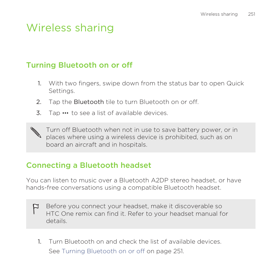 Wireless sharing, Turning bluetooth on or off, Connecting a bluetooth headset | HTC One Remix User Manual | Page 251 / 285