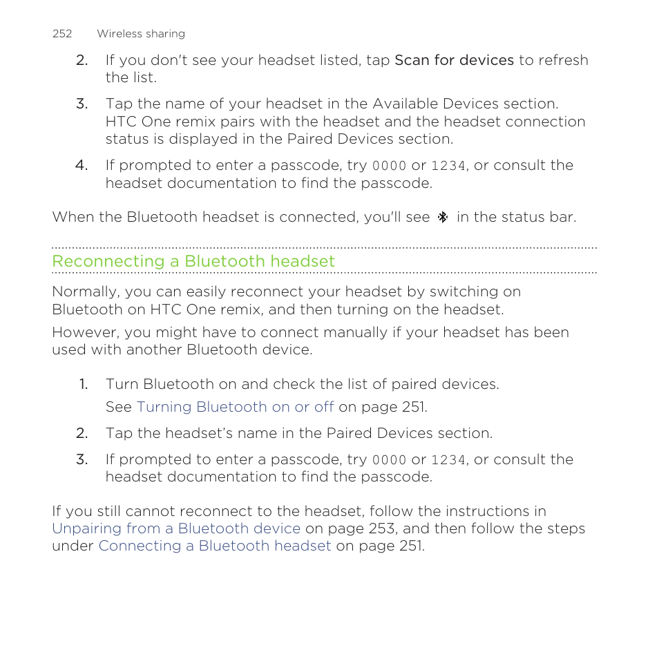 Reconnecting a bluetooth headset | HTC One Remix User Manual | Page 252 / 285