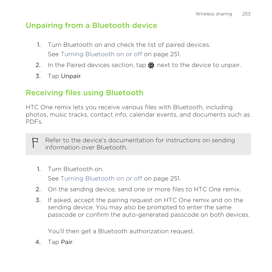 Unpairing from a bluetooth device, Receiving files using bluetooth | HTC One Remix User Manual | Page 253 / 285