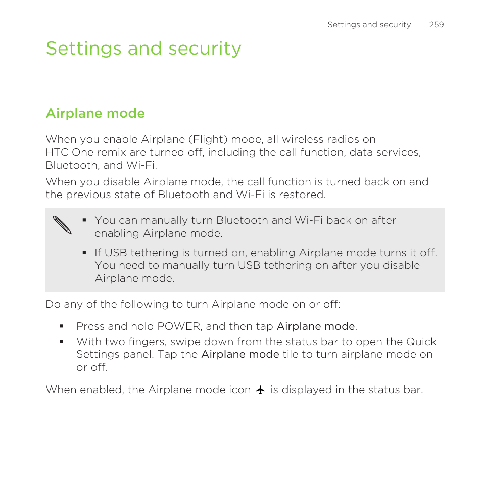 Settings and security, Airplane mode, For more details, see | HTC One Remix User Manual | Page 259 / 285