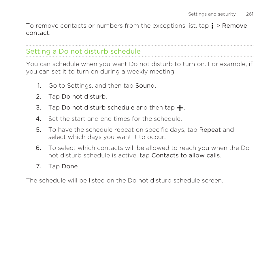 Setting a do not disturb schedule | HTC One Remix User Manual | Page 261 / 285