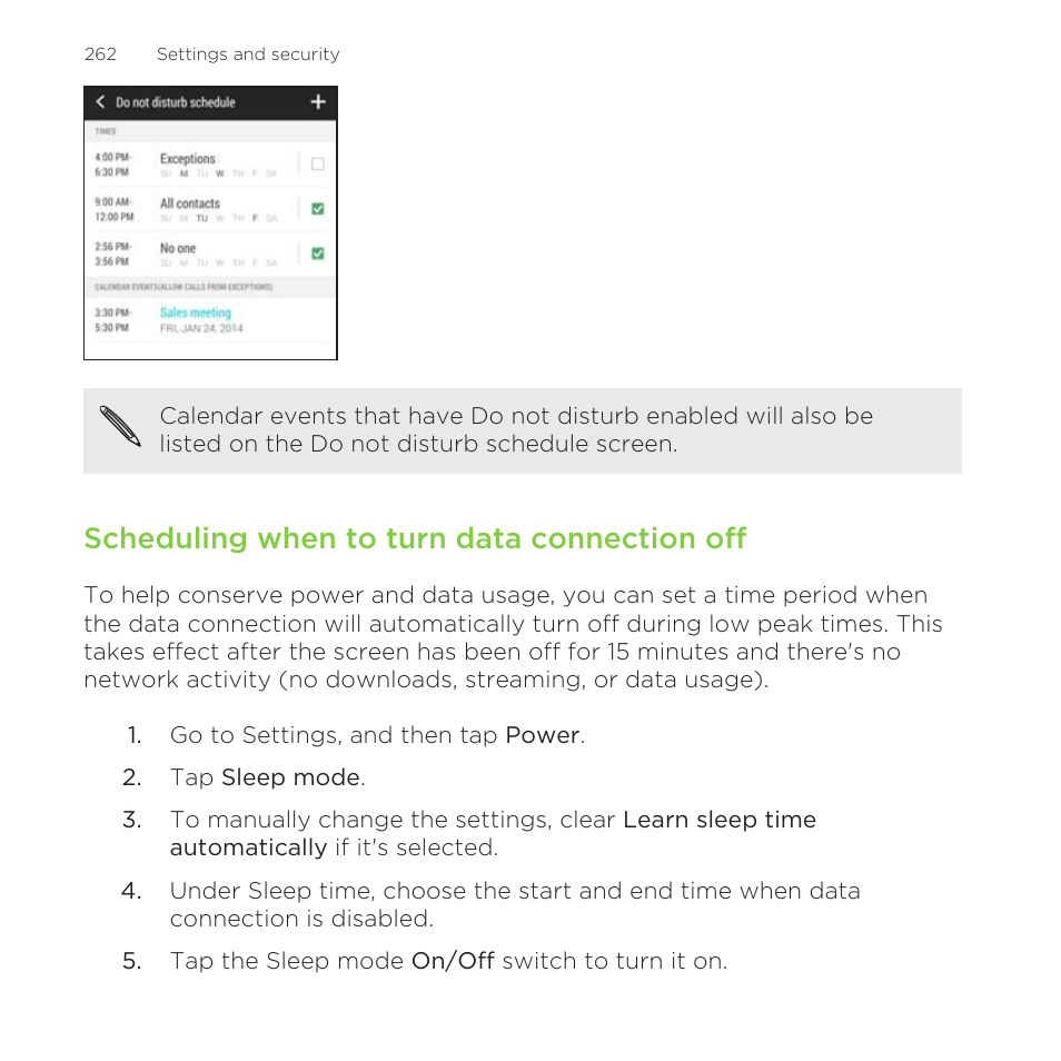 Scheduling when to turn data connection off | HTC One Remix User Manual | Page 262 / 285