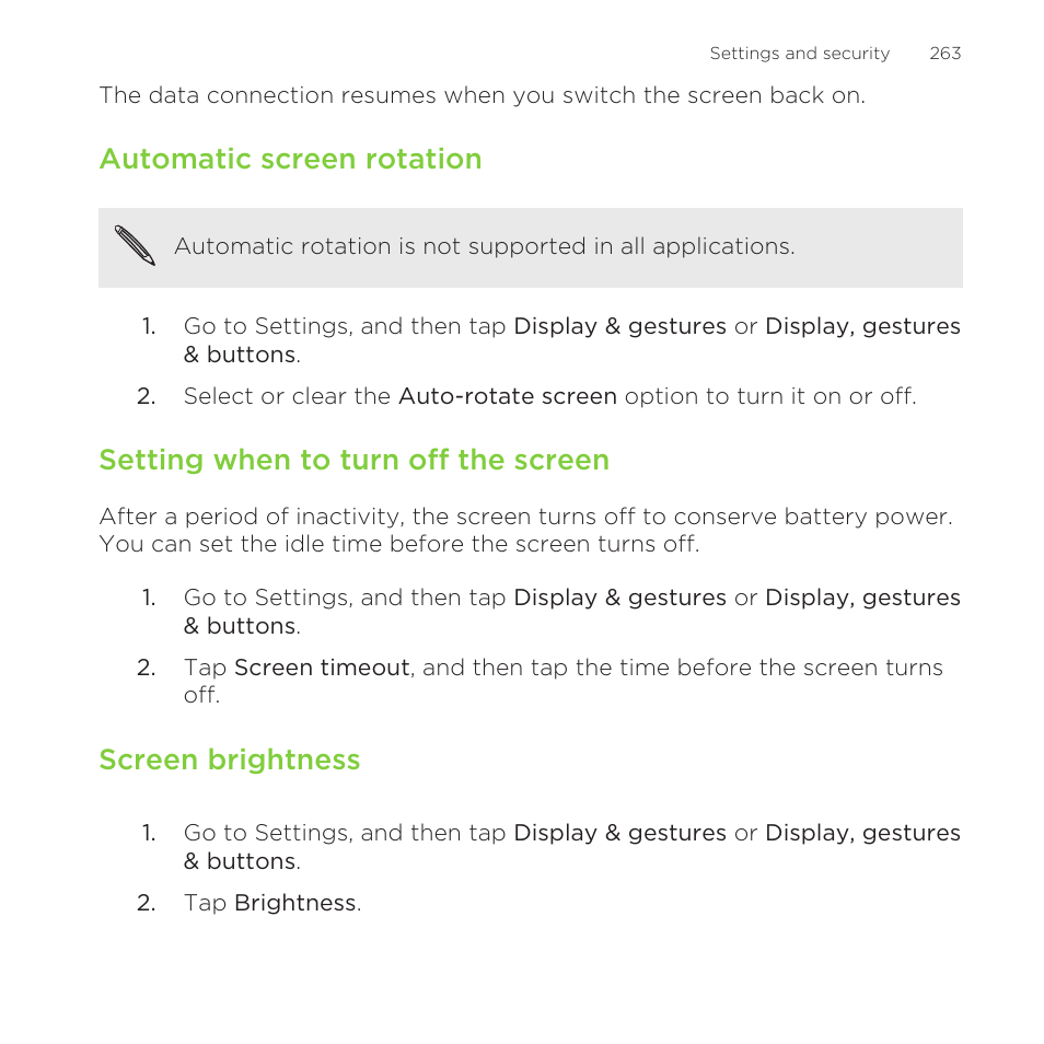 Automatic screen rotation, Setting when to turn off the screen, Screen brightness | HTC One Remix User Manual | Page 263 / 285