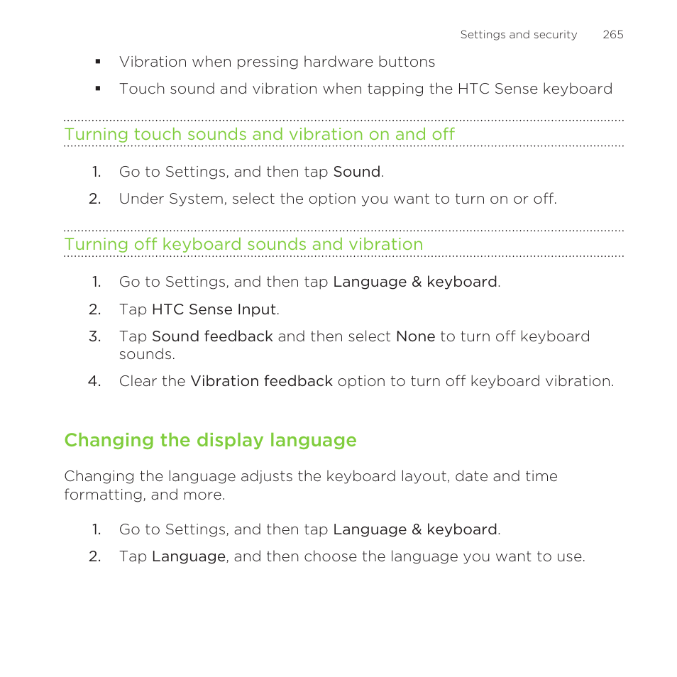 Turning touch sounds and vibration on and off, Turning off keyboard sounds and vibration, Changing the display language | HTC One Remix User Manual | Page 265 / 285