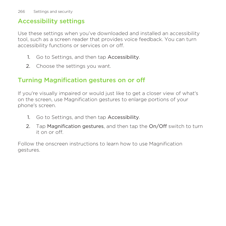 Accessibility settings, Turning magnification gestures on or off | HTC One Remix User Manual | Page 266 / 285
