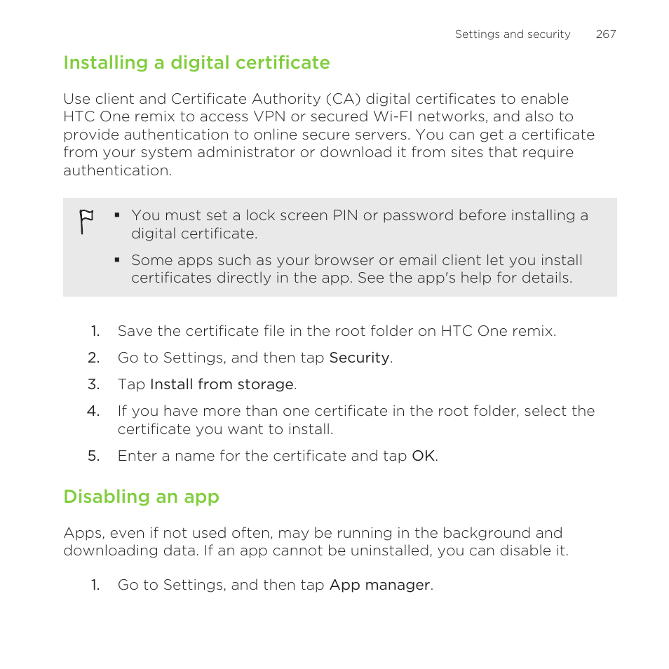 Installing a digital certificate, Disabling an app | HTC One Remix User Manual | Page 267 / 285