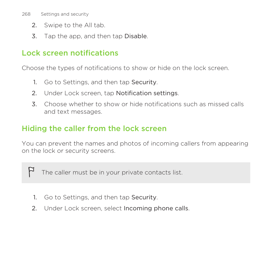 Lock screen notifications, Hiding the caller from the lock screen | HTC One Remix User Manual | Page 268 / 285