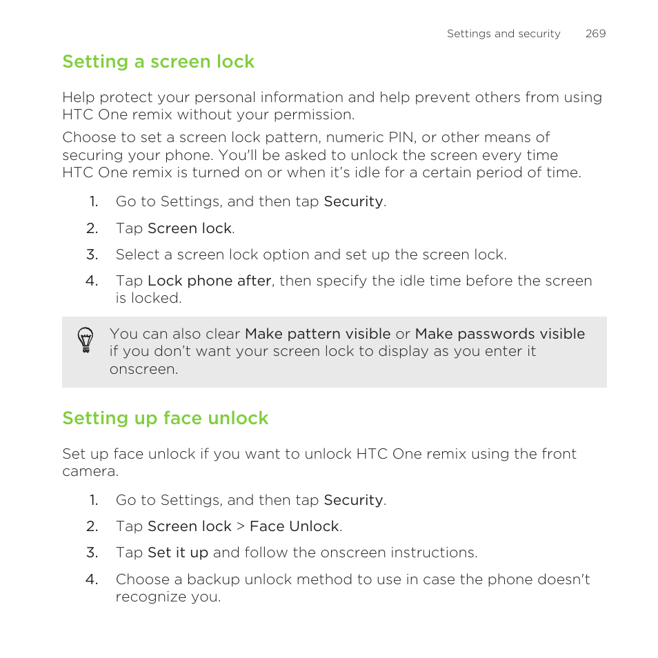 Setting a screen lock, Setting up face unlock | HTC One Remix User Manual | Page 269 / 285