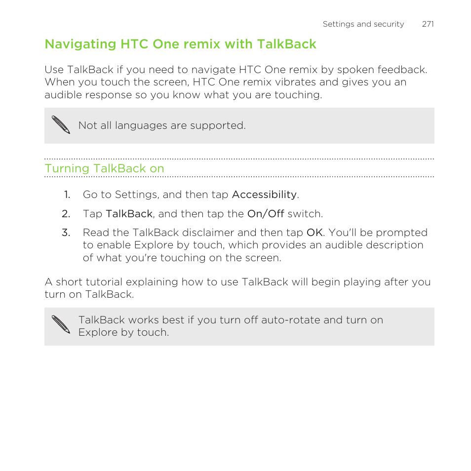 Navigating htc one remix with talkback, Turning talkback on | HTC One Remix User Manual | Page 271 / 285