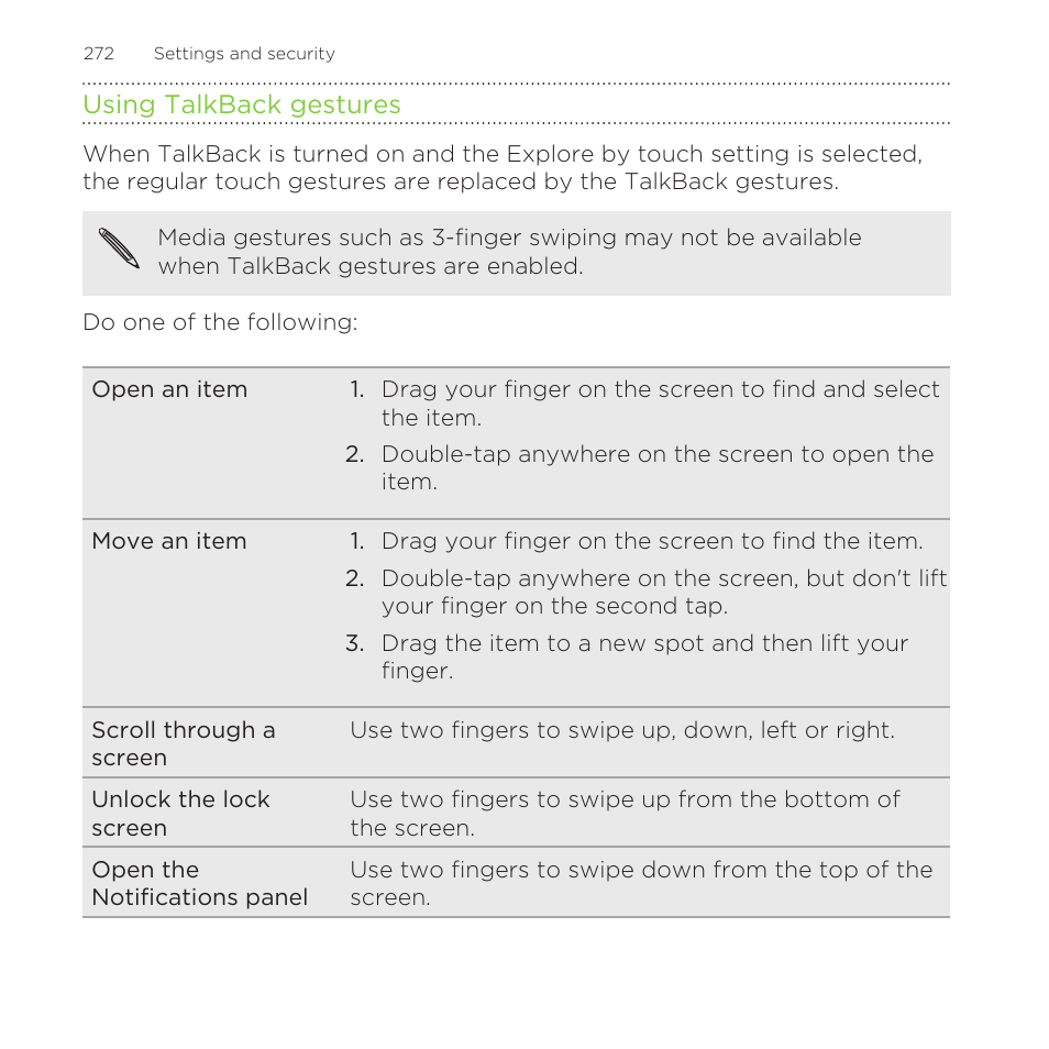 Using talkback gestures | HTC One Remix User Manual | Page 272 / 285