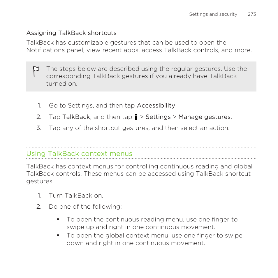 Assigning talkback shortcuts, Using talkback context menus | HTC One Remix User Manual | Page 273 / 285