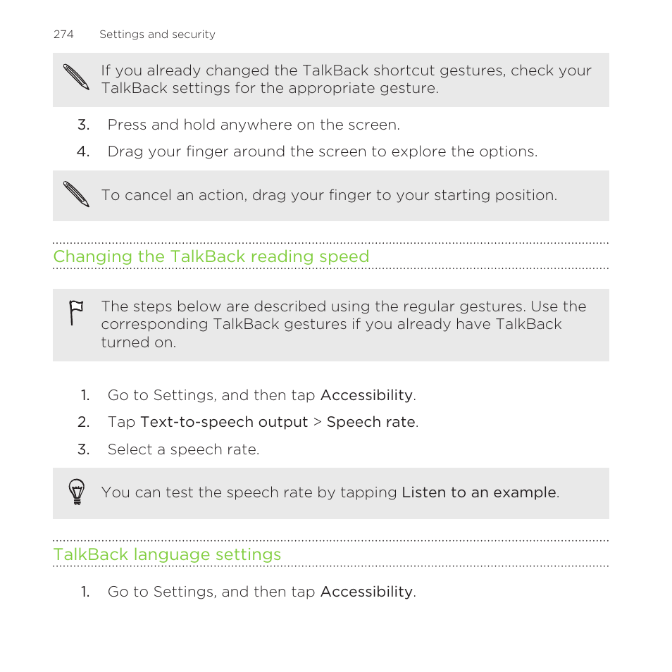 Changing the talkback reading speed, Talkback language settings | HTC One Remix User Manual | Page 274 / 285