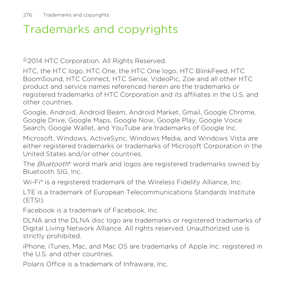 Trademarks and copyrights | HTC One Remix User Manual | Page 276 / 285
