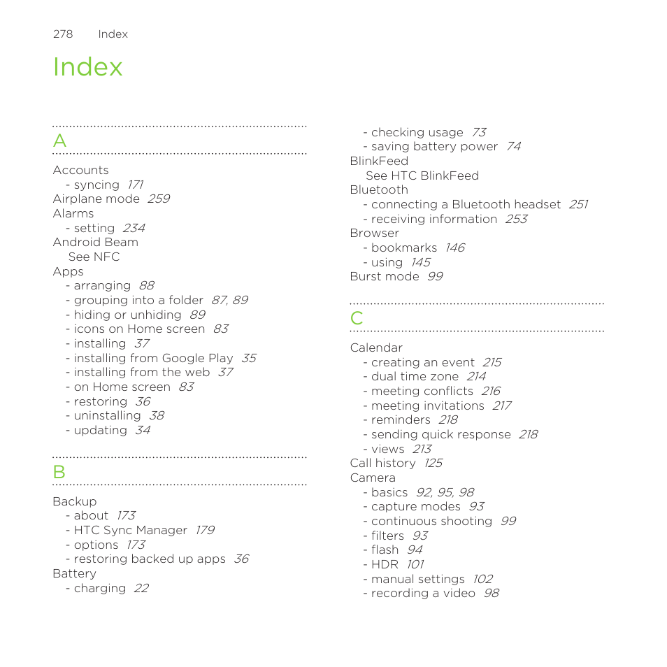 Index | HTC One Remix User Manual | Page 278 / 285