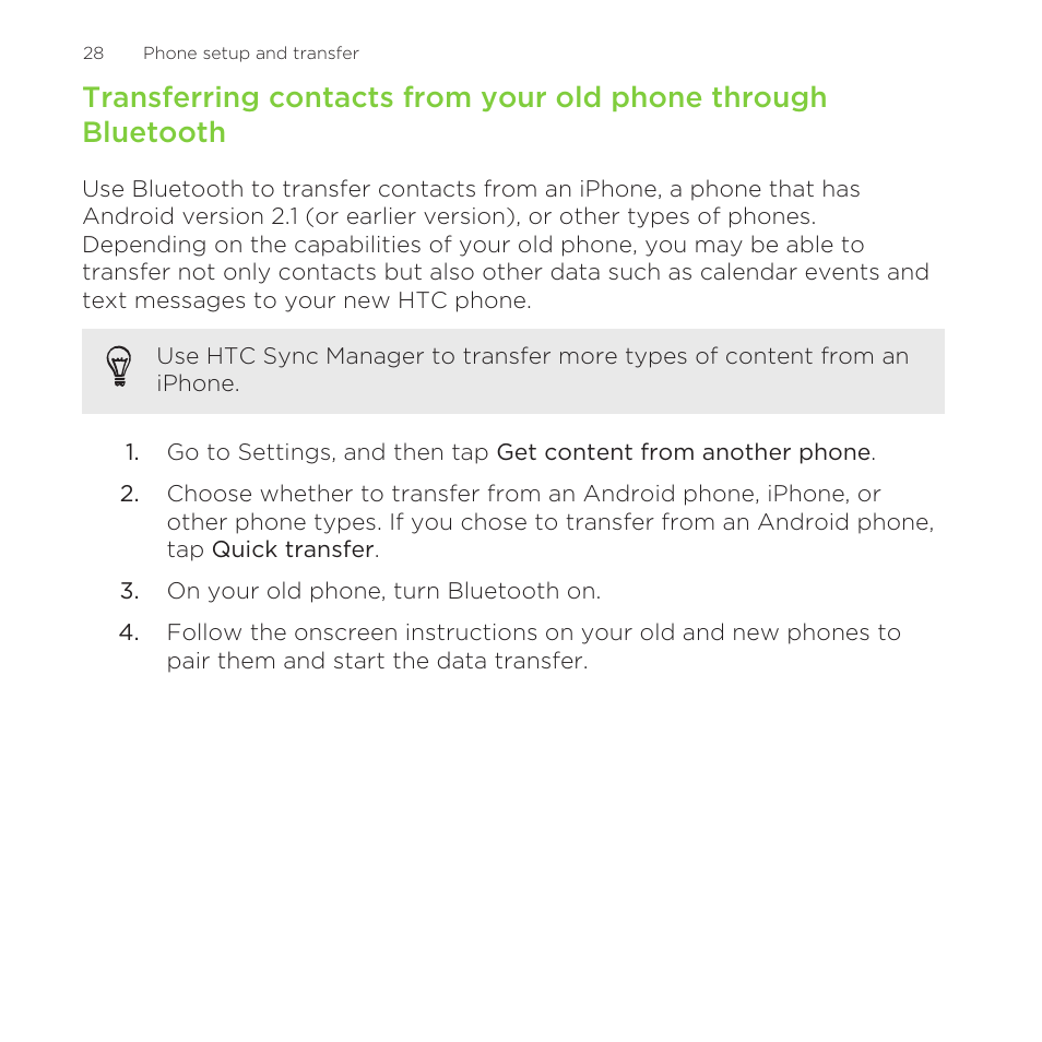 Transferring, Contacts from your old phone through bluetooth, Transferring contacts from your old phone | Through bluetooth | HTC One Remix User Manual | Page 28 / 285