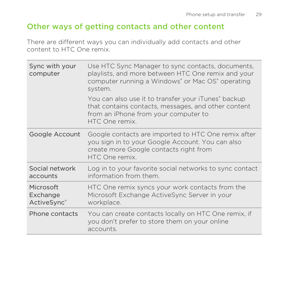 Other ways of getting contacts and other content | HTC One Remix User Manual | Page 29 / 285