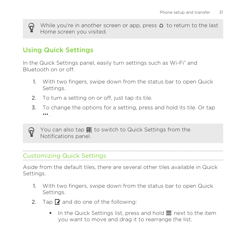 Using quick settings, Customizing quick settings | HTC One Remix User Manual | Page 31 / 285