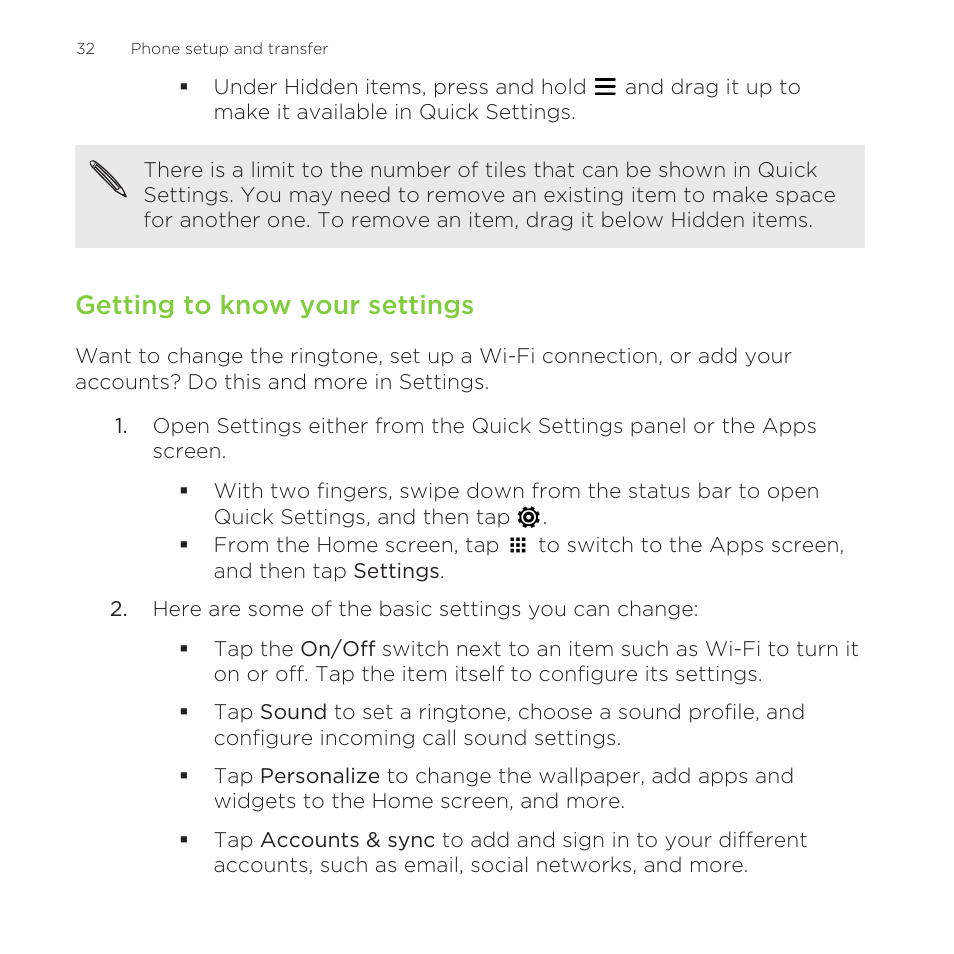 Getting to know your settings | HTC One Remix User Manual | Page 32 / 285