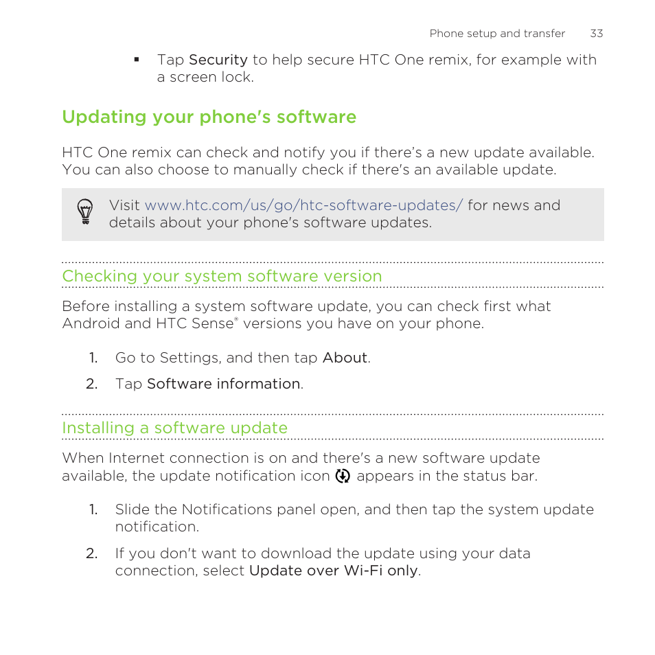 Updating your phone's software, Checking your system software version, Installing a software update | HTC One Remix User Manual | Page 33 / 285