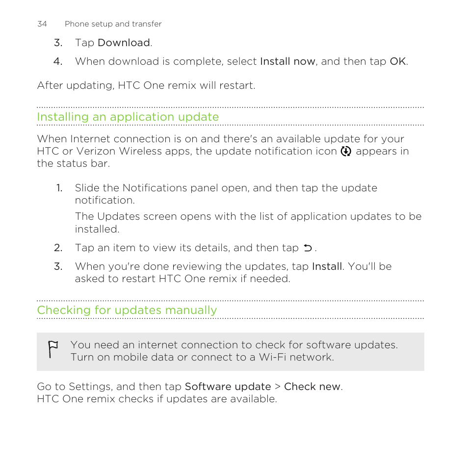 Installing an application update, Checking for updates manually | HTC One Remix User Manual | Page 34 / 285