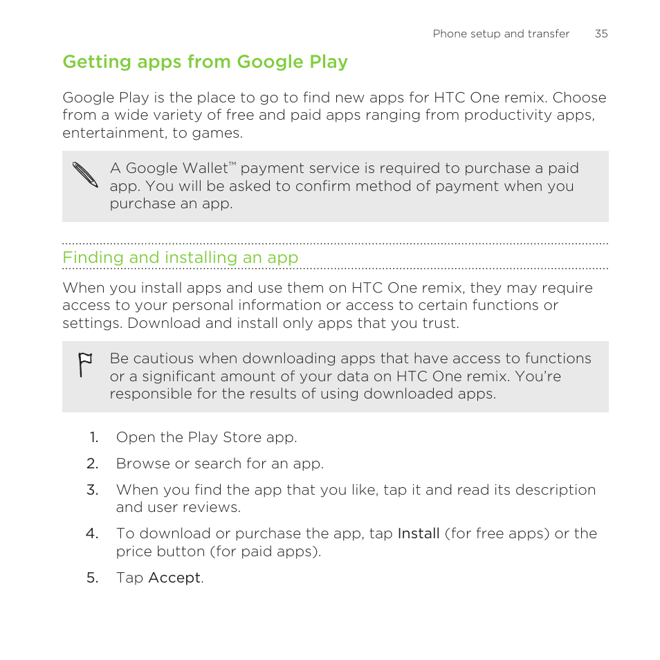 Getting apps from google play, Finding and installing an app | HTC One Remix User Manual | Page 35 / 285