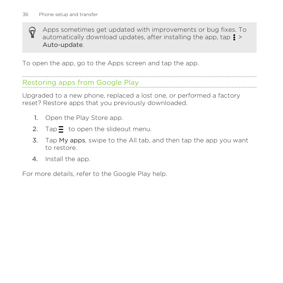 Restoring apps from google play | HTC One Remix User Manual | Page 36 / 285