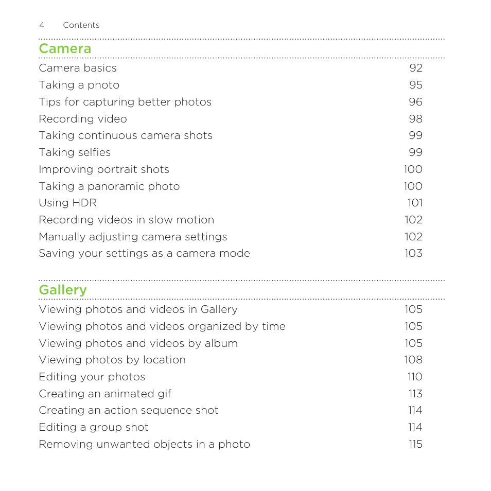 Camera, Gallery | HTC One Remix User Manual | Page 4 / 285