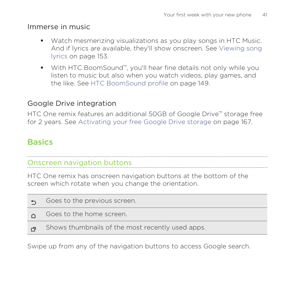 Basics, Onscreen navigation buttons | HTC One Remix User Manual | Page 41 / 285