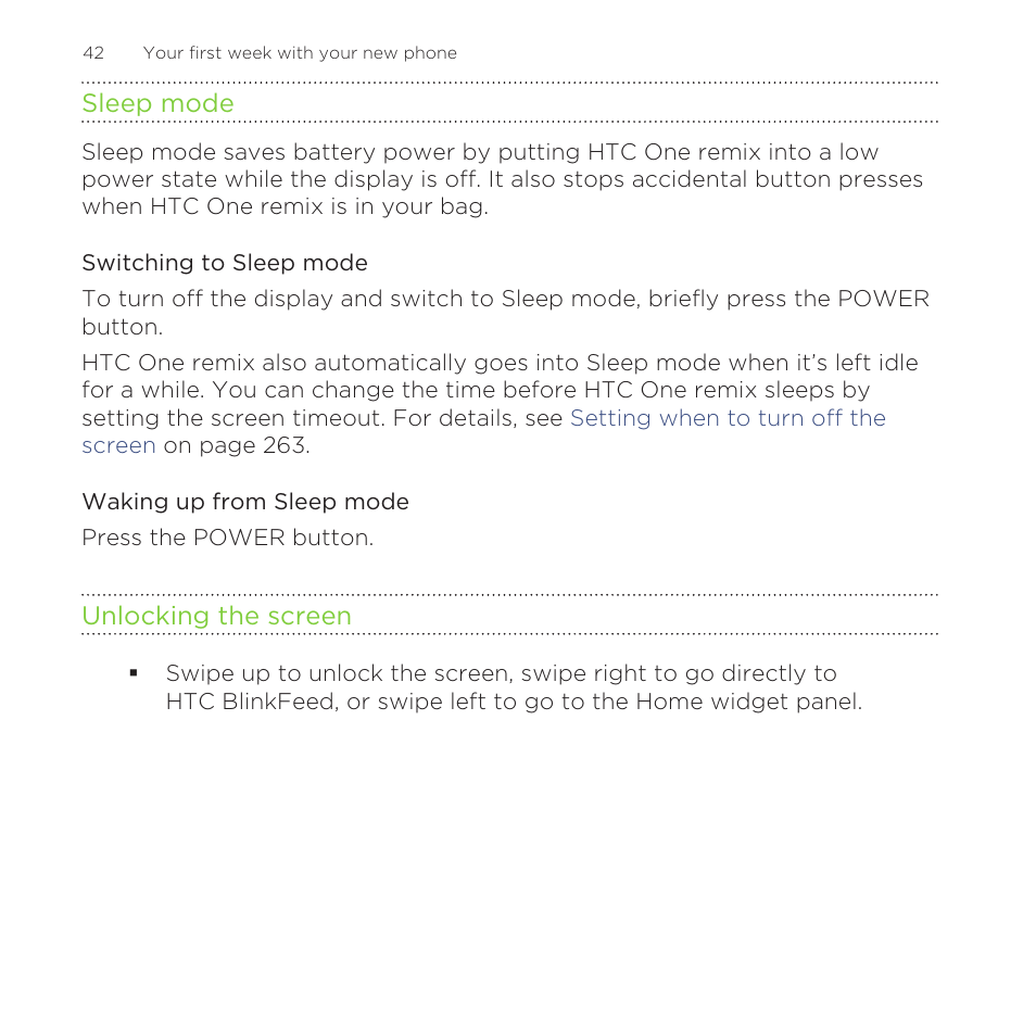 Sleep mode, Switching to sleep mode, Waking up from sleep mode | Unlocking the screen | HTC One Remix User Manual | Page 42 / 285