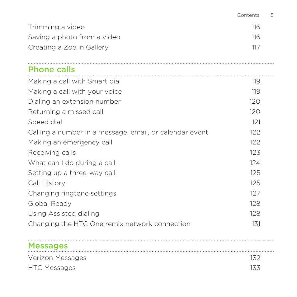 Phone calls, Messages | HTC One Remix User Manual | Page 5 / 285