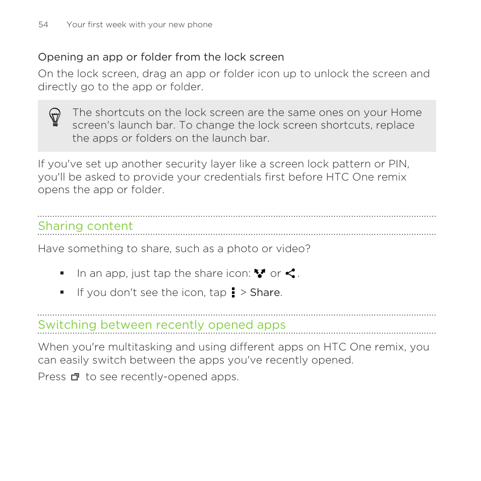 Opening an app or folder from the lock screen, Sharing content, Switching between recently opened apps | HTC One Remix User Manual | Page 54 / 285