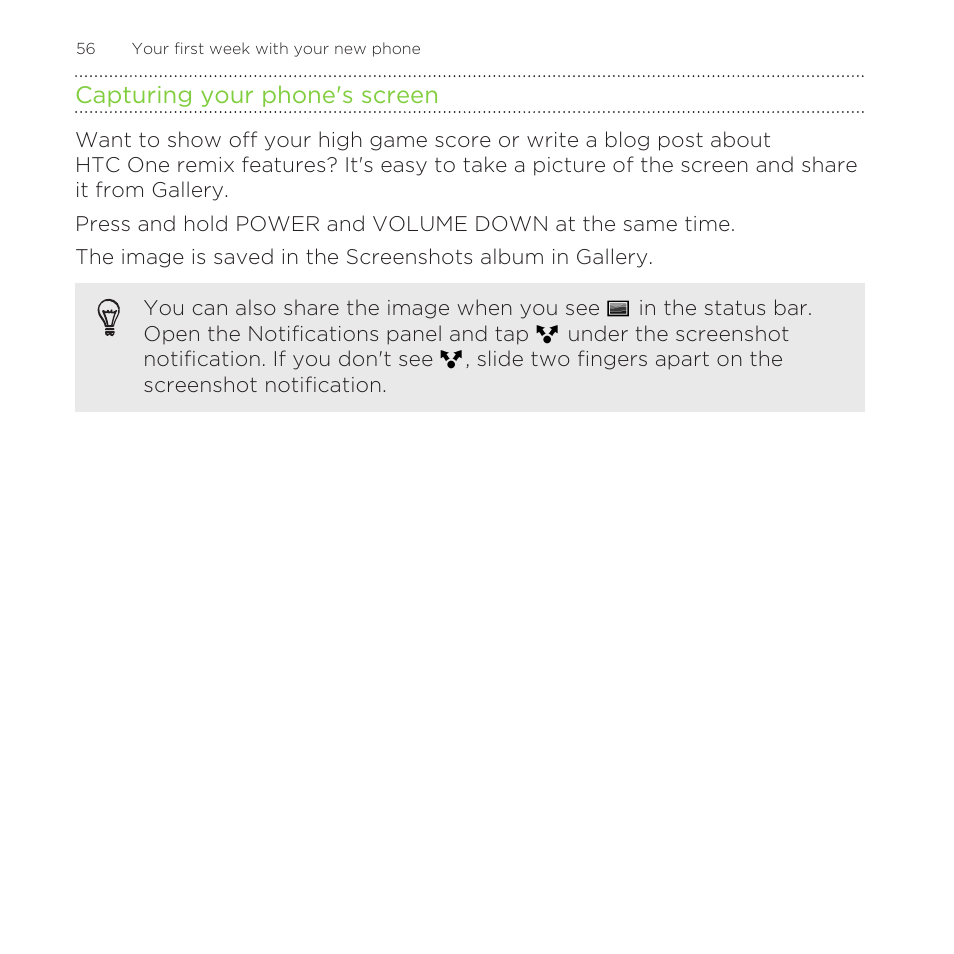 Capturing your phone's screen | HTC One Remix User Manual | Page 56 / 285