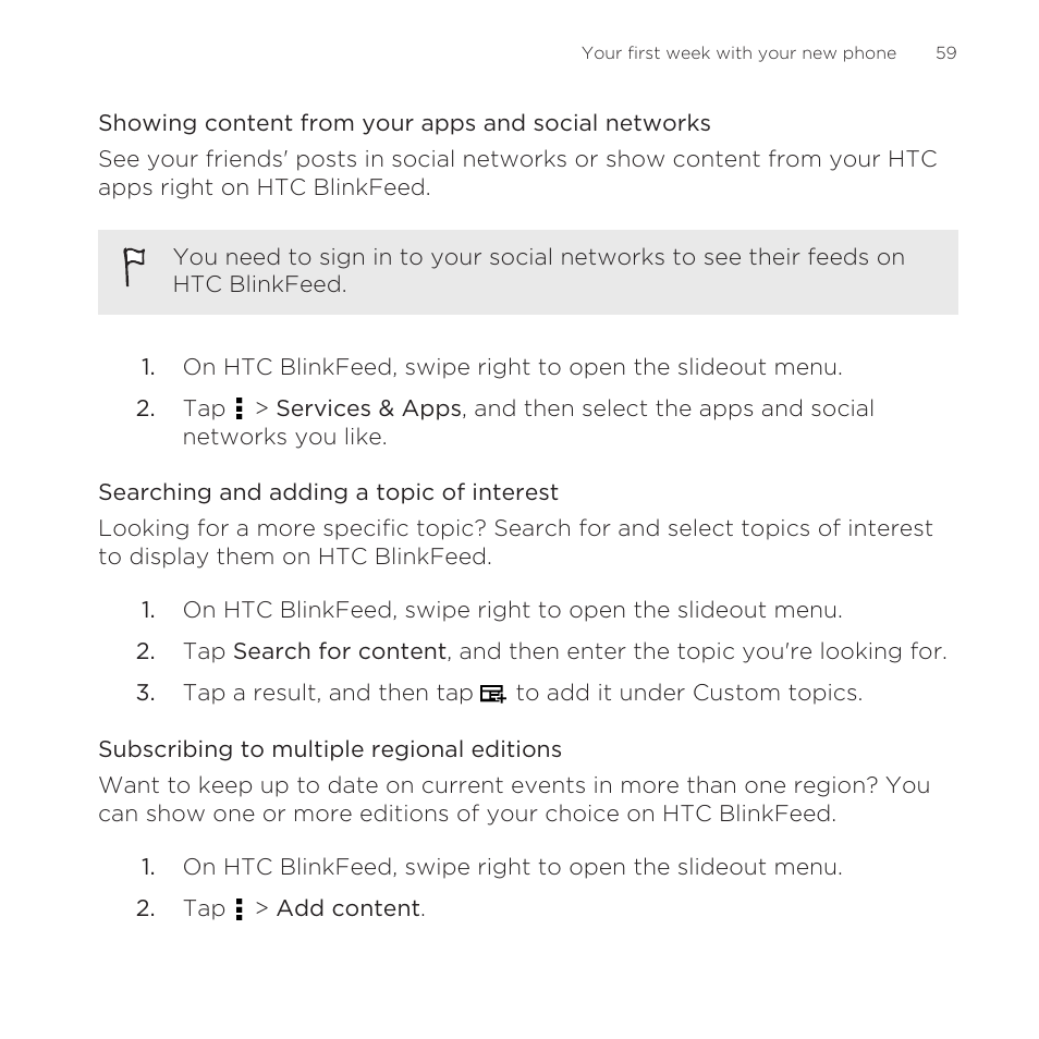 Showing content from your apps and social networks, Searching and adding a topic of interest, Subscribing to multiple regional editions | HTC One Remix User Manual | Page 59 / 285