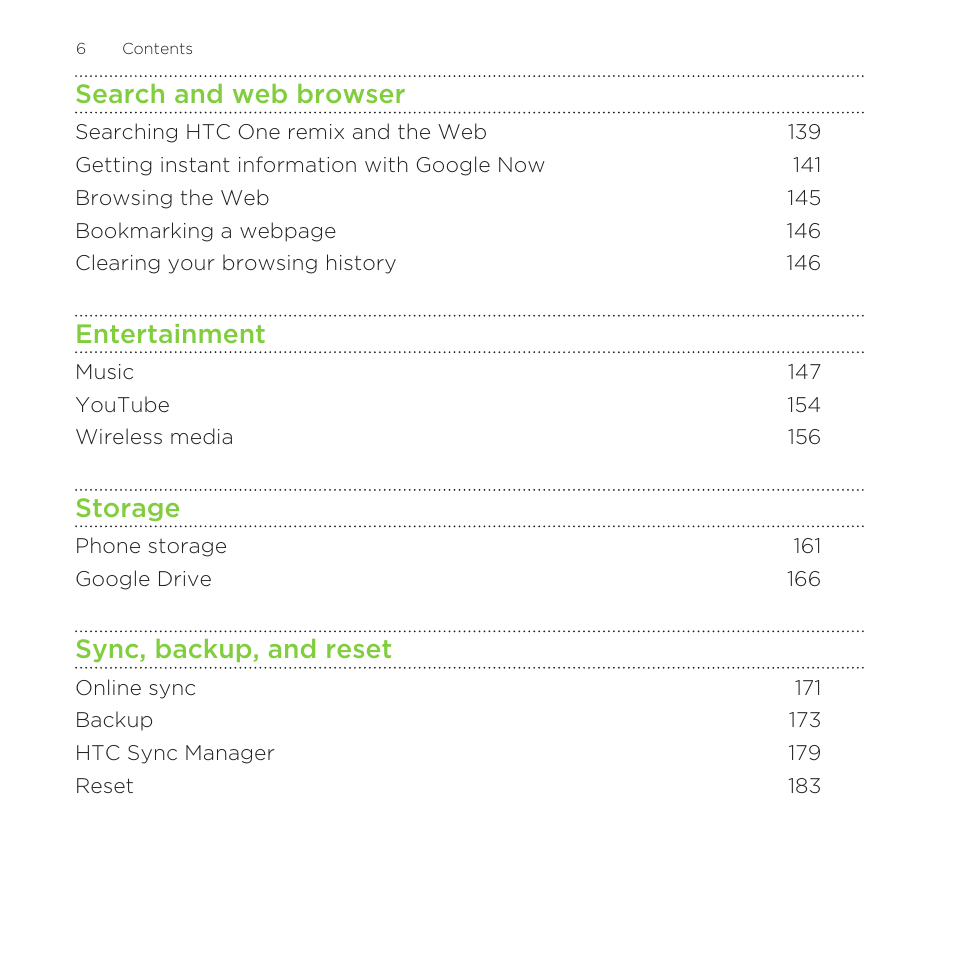 Search and web browser, Entertainment, Storage | Sync, backup, and reset | HTC One Remix User Manual | Page 6 / 285