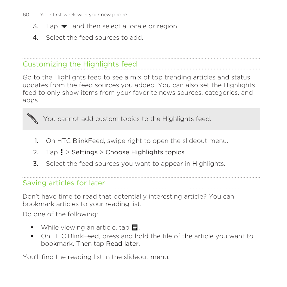Customizing the highlights feed, Saving articles for later | HTC One Remix User Manual | Page 60 / 285