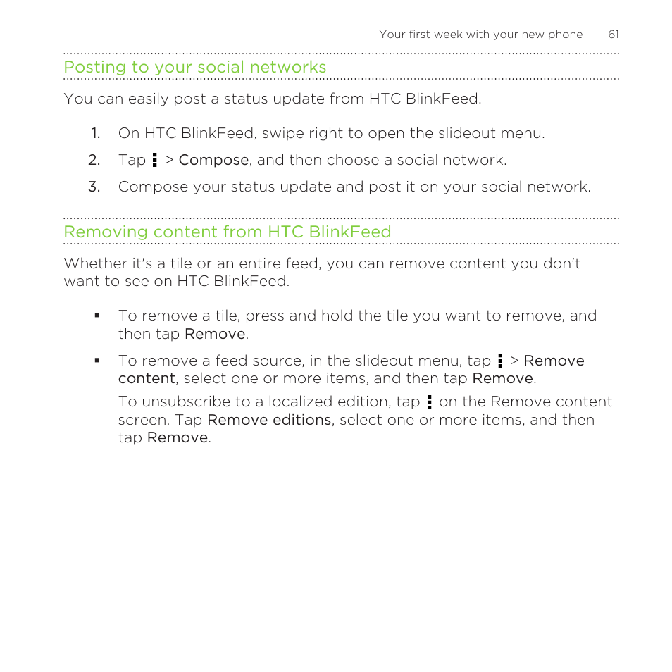 Posting to your social networks, Removing content from htc blinkfeed | HTC One Remix User Manual | Page 61 / 285