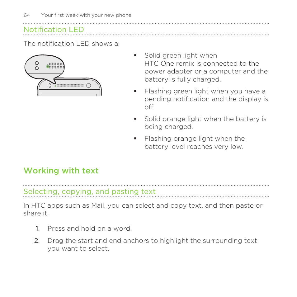 Notification led, Working with text, Selecting, copying, and pasting text | HTC One Remix User Manual | Page 64 / 285